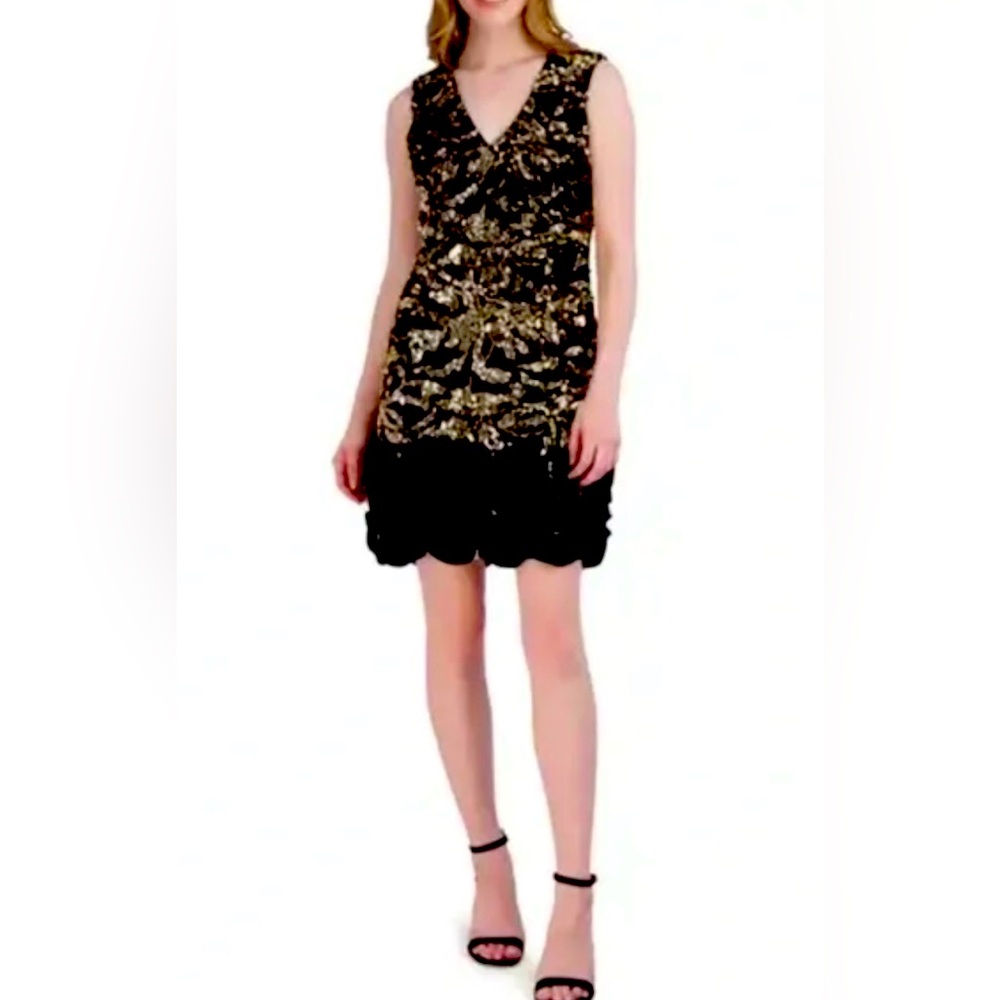 Donna Rocco Black and Gold sequin Dress w/rose trim size 2 NWT